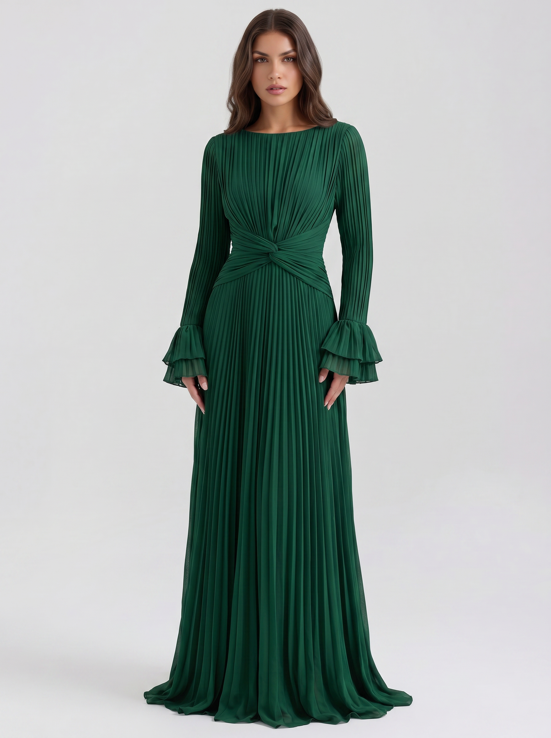 Giulia pleated evening dress green on model