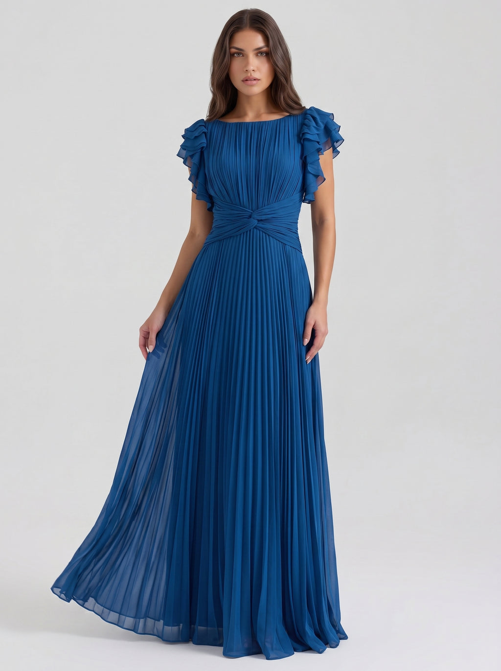 Giulia pleated evening dress blue on model